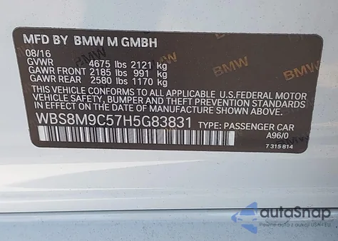 2017 BMW M3 z USA, uszkodzony, nr VIN WBS8M9C57H5G83831